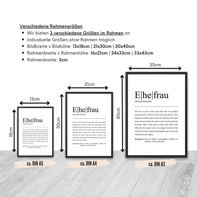 Verschiedene Rahmengrößen für das Ehefrau Poster. Angeboten in Größen DIN A5, A4 und A3, mit Möglichkeit ohne Rahmen. Perfekt für individuelle Raumgestaltung und persönliche Geschenke.