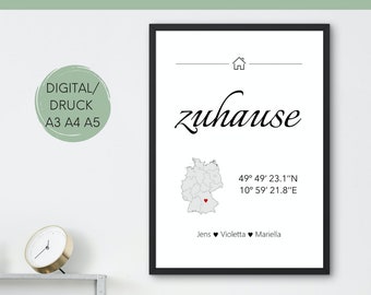 Personalisiertes Poster Zuhause Bild mit Koordinaten | Personalisiertes Wandbild | Geschenk zum Richtfest