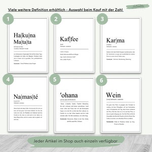 May include: Six printable wall art prints with a green border and white background. Each print features a different word in a bold, black font with a definition in smaller font below. The words are: "Halkulna Malta ta", "Kaffee", "Karlma", "Na mas te", "'ohana", and "Wein".