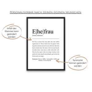 Anpassbares Poster mit Ehefrau Definition. Personalisierungsoptionen bei Klammerinhalt und Synonymen. Elegant in schlichtem schwarzen Rahmen, ideal als bedeutungsvolles Geschenk für besondere Anlässe.