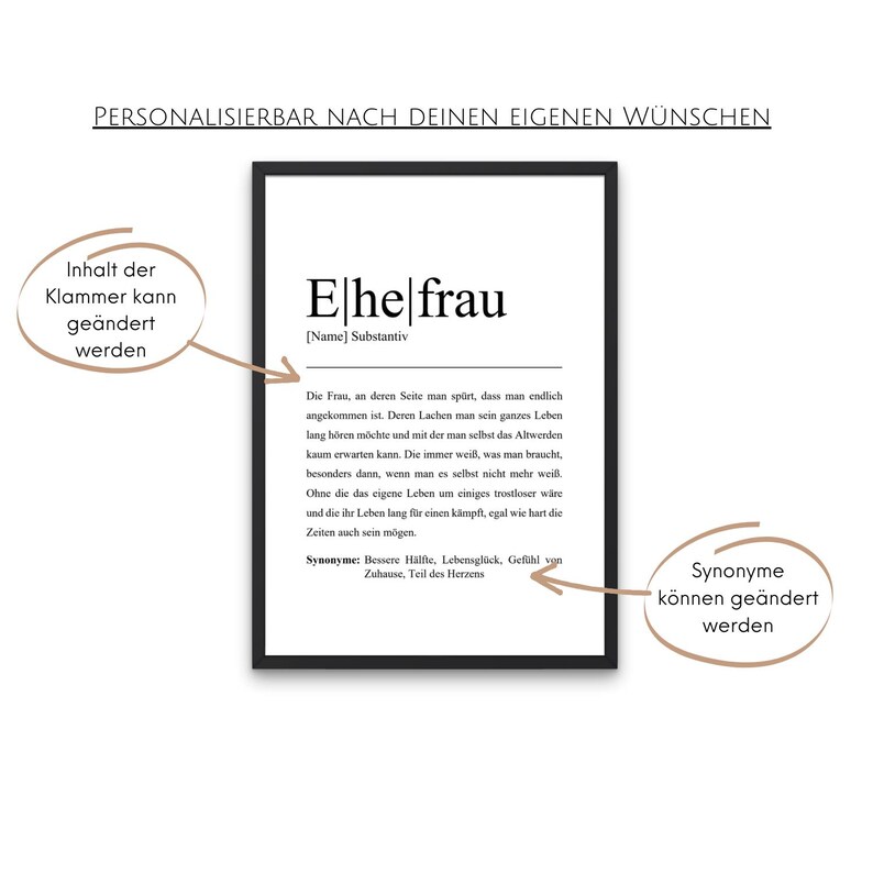 Anpassbares Poster mit Ehefrau Definition. Personalisierungsoptionen bei Klammerinhalt und Synonymen. Elegant in schlichtem schwarzen Rahmen, ideal als bedeutungsvolles Geschenk für besondere Anlässe.