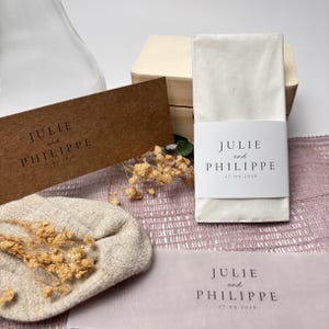 Elegant personalized wedding band · Bride and groom's names & date · Handkerchief · 3 paper types
