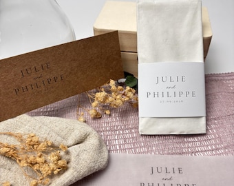 Elegant personalized wedding band · Bride and groom's names & date · Handkerchief · 3 paper types