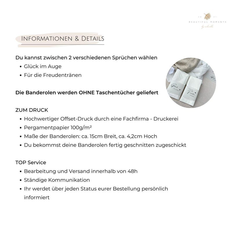 Informationen zu den verschiedenen Designs, zum Druck auf Pergamentpapier oder auch Kraftpapier, Maße und Service