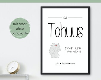 Tohuus Poster personalisiert mit Koordinaten | Personalisiertes Wandbild Plattdeutsch | Geschenk zum Richtfest