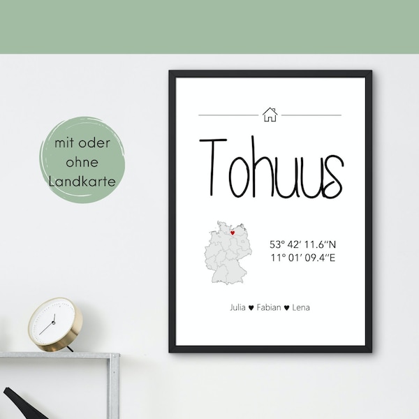 Tohuus Poster personalisiert mit Koordinaten | Personalisiertes Wandbild Plattdeutsch | Geschenk zum Richtfest