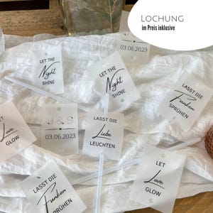 Lasst unsere Liebe leuchten Schilder für Knicklichter | Verkauf auch mit Leuchtstäben in Kaltweiß oder Farbe | Boho Hochzeit Tischplatz Deko