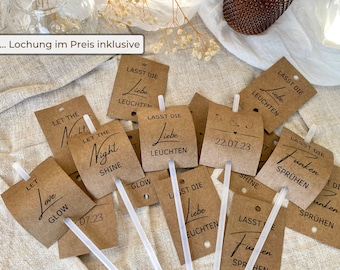 Hochzeitsdeko Lasst die Liebe leuchten Kärtchen aus Kraftpapier | Vintage Deko für Hochzeitstanz mit für Knicklichter | Boho Hochzeit Deko