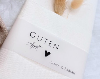 Personalized napkin banderoles made of kraft or transparent paper, elegant table decoration for wedding with names