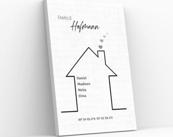 Personalized canvas with family house names and coordinates for home in white or beige