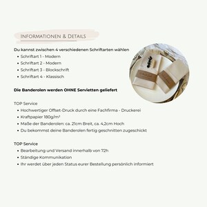 Informationen und Details zu den Banderolen, wie z.B. Größe, Material, Versand, Material