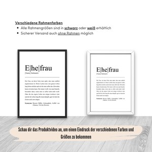 Personalisiertes Ehefrau Poster in schwarz oder weiß. Erhältlich mit und ohne Rahmen. Ideal zur Dekoration deines Zuhauses. Informiere dich durch ein Produktvideo über Rahmenfarben und Größen.
