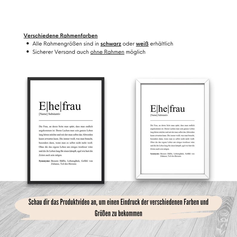 Personalisiertes Ehefrau Poster in schwarz oder weiß. Erhältlich mit und ohne Rahmen. Ideal zur Dekoration deines Zuhauses. Informiere dich durch ein Produktvideo über Rahmenfarben und Größen.