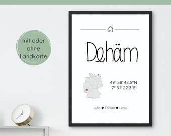 Dehäm Poster Bild mit Koordinaten | Personalisiertes Wandbild | Geschenk zum Richtfest