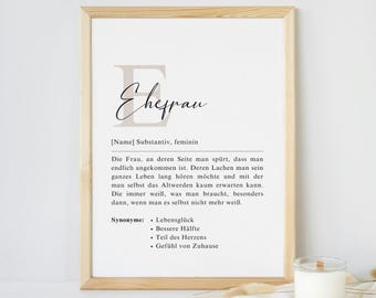 Anniversary gift for wife, definition poster on high-quality paper, elegant wall picture for the wedding anniversary, with or without frame
