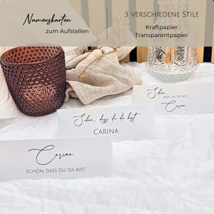 Personalisierte Tischkarten Hochzeit | "Schön, dass du da bist" Namenskärtchen | Transparent oder Kraftpapier | 3 Designs