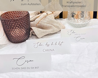 Personalized wedding place cards | "It's great that you're here" name cards | Transparent or kraft paper | 3 designs