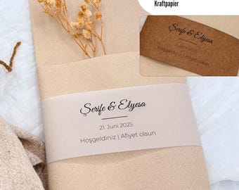 Personalized napkin bands made of kraft paper for Turkish wedding, elegant table decoration with names and date, guest gift