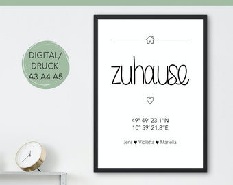 Personalisiertes Poster Zuhause Bild mit Koordinaten | Personalisiertes Wandbild | Geschenk zum Richtfest