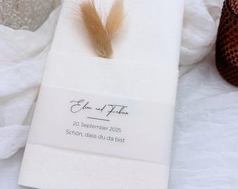 Personalized napkin bands for weddings, table decorations with names and dates, kraft paper or transparent paper, napkin decorations