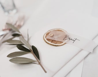 Platzkarten aus Transparentpapier | Namensschilder Hochzeit personalisiert | Namenskarten Tischdeko | Boho Hochzeitsdeko Papeterie modern