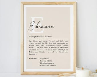 Definition Husband Art Print, Gift for Husband on Wedding Anniversary, Personalized Wall Picture with Wooden Frame, Declaration of Love Poster