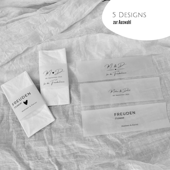 Für die Freudentraenen Banderole fuer Taschentuecher aus Transparentpapier | Personalisierte Boho Vintage Deko Hochzeit | Tischdeko Bride