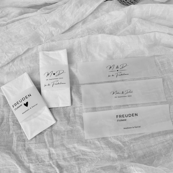 Für die Freudentränen Banderole für Taschentücher aus Transparentpapier | Personalisierte Boho Vintage Deko Hochzeit | Tischdeko Bride
