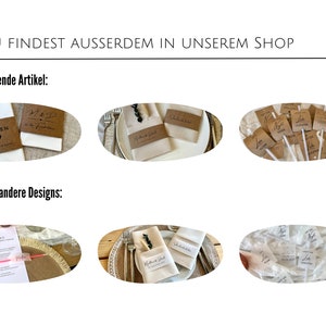 Andere Dekoartikel für die Hochzeit, die in unserem Shop gefunden werden kann. Schilder, Banderolen, Namenskarten, etc. gedruckt auf Pergamentpapier oder Kraftpapier