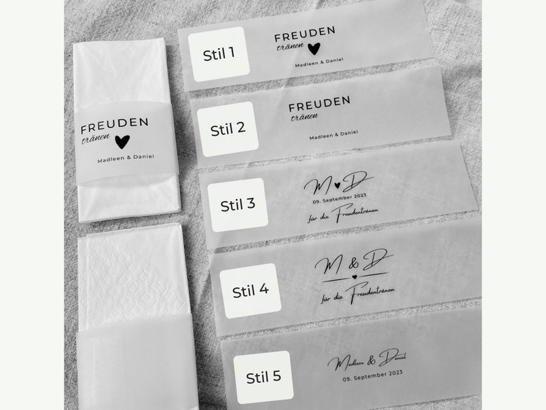 Banderolen für Taschentücher in 5 verschiedenen Stilen mit verschiedenen Schriftarten gedruckt auf Pergamentpapier. Außerdem noch der Hinweis für den Kauf, welcher Stil zu welchem Design gehört