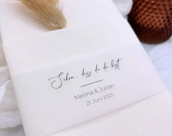 Wedding napkin bands personalized with the saying "It's nice that you're here", individual napkin bands with names and date