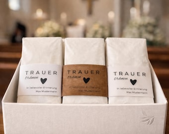 Personalized tissue band for funerals · Mourning tears · Name · Kraft paper, white vellum