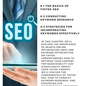 May include: A graphic with the word "SEO" in large blue letters. The text "Chapter 8 SEO & Keyword Optimization" is in black text on a white background. The text describes the importance of search engine optimization (SEO) and keyword optimization on TikTok.