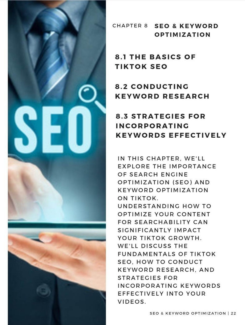 May include: A graphic with the word "SEO" in large blue letters. The text "Chapter 8 SEO & Keyword Optimization" is in black text on a white background. The text describes the importance of search engine optimization (SEO) and keyword optimization on TikTok.
