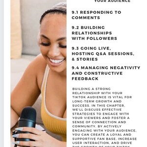 May include: A woman is speaking into a microphone while looking at the camera. The text on the page reads "Engaging with your audience" and lists different ways to engage with your audience on TikTok.