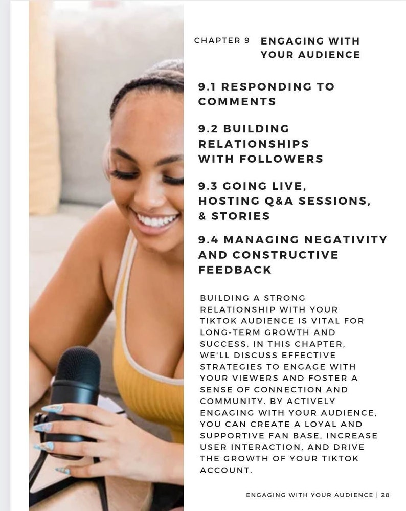 May include: A woman is speaking into a microphone while looking at the camera. The text on the page reads "Engaging with your audience" and lists different ways to engage with your audience on TikTok.
