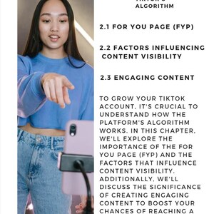 May include: A woman points to a smartphone screen with text about understanding TikTok's algorithm, including the "For You Page" (FYP), factors influencing content visibility, and engaging content to grow your TikTok account.