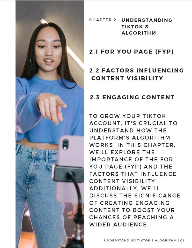 May include: A woman points to a smartphone screen with text about understanding TikTok's algorithm, including the "For You Page" (FYP), factors influencing content visibility, and engaging content to grow your TikTok account.