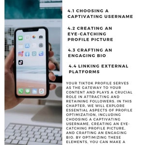 May include: A screenshot of a mobile phone displaying various social media apps, including TikTok, Instagram, Facebook, and Snapchat. The phone is being held by a hand, and the background shows a keyboard and a computer screen. The text on the screen reads "Optimizing Your Profile" and discusses the importance of creating a captivating username, eye-catching profile picture, and engaging bio for TikTok.