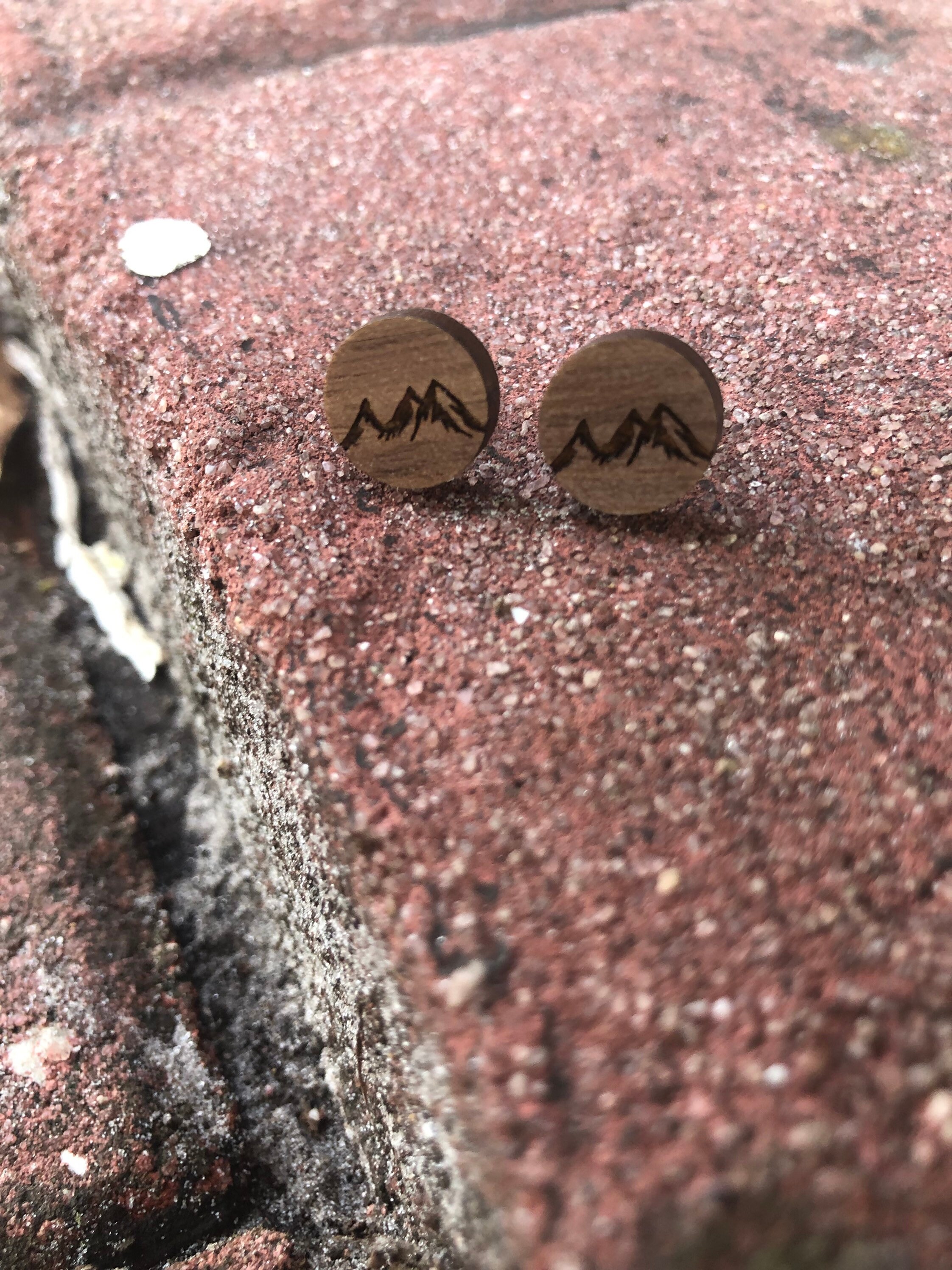 Wooden Stud Earrings Walnut Wood Mountain Earring Unisex Etsy