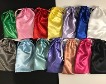 May include: Assortment of 12 small satin drawstring bags in various colors, including green, pink, red, yellow, purple, blue, white, gray, light blue, teal, purple, beige, pink, and black.