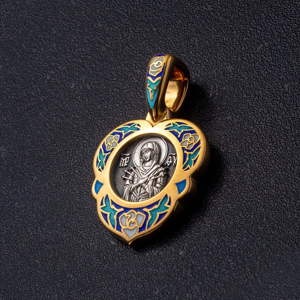 Icona Akimov «L'icona della Madre di Dio «Sette frecce» Argento sterling 925 e placcato oro 24 carati 999