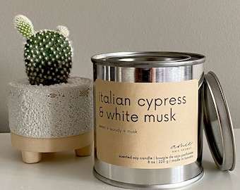 Italian Cypress & White Musk | Sweet + Woody + Musky | 8 oz Hand Poured Scented Soy Wax Candle | Natural + Vegan Friendly Gift