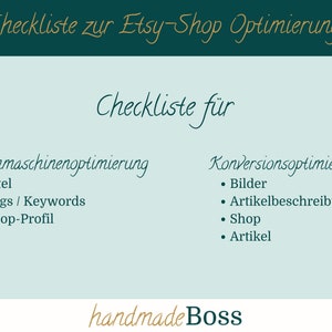 Etsy shop checklist search engine optimization conversion optimization as PDF, DIY help shop review SEO guide, sell more on Etsy