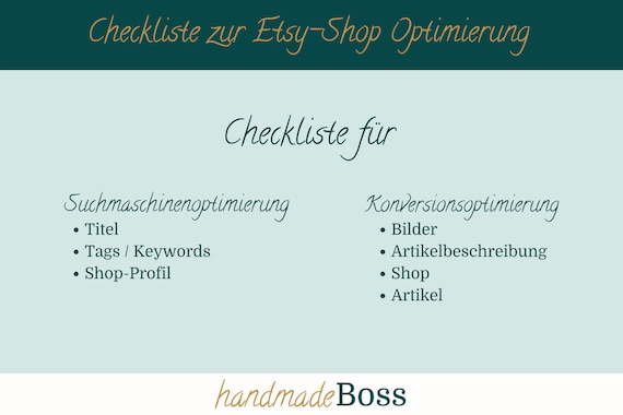 Etsy-Shop Checkliste Suchmaschinenoptimierung Konversionsoptimierung als PDF, DIY Hilfe Shopkritik SEO Anleitung, mehr verkaufen auf Etsy