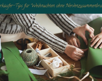 May include: Two people wrapping a green gift with twine and ribbon. The gift is on a wooden table with a wooden box filled with wrapping supplies.