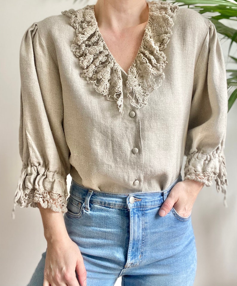 Vintage Beige Peter Pan Collar Print Summer Linen Blouses Half Sleeve