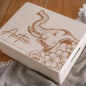Erinnerungskiste Kind / Spielzeugkiste Holz / 3 Größen / Elefant