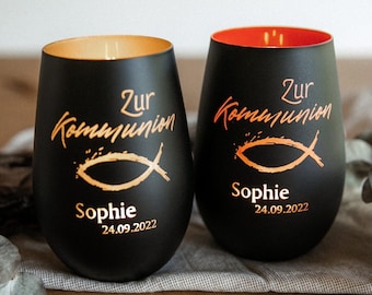 Personalisiertes Windlicht zur Kommunion / Konfirmation / Taufe mit Wunschname / Erinnerungslicht