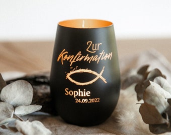 Personalisiertes Windlicht / Kommunion / Konfirmation / Taufe mit Wunschname / Erinnerungslicht